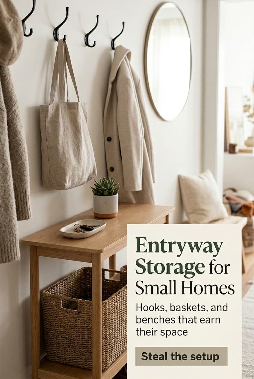 Representative Pinslate example pin for Mossmere Home featuring entryway storage for small homes.